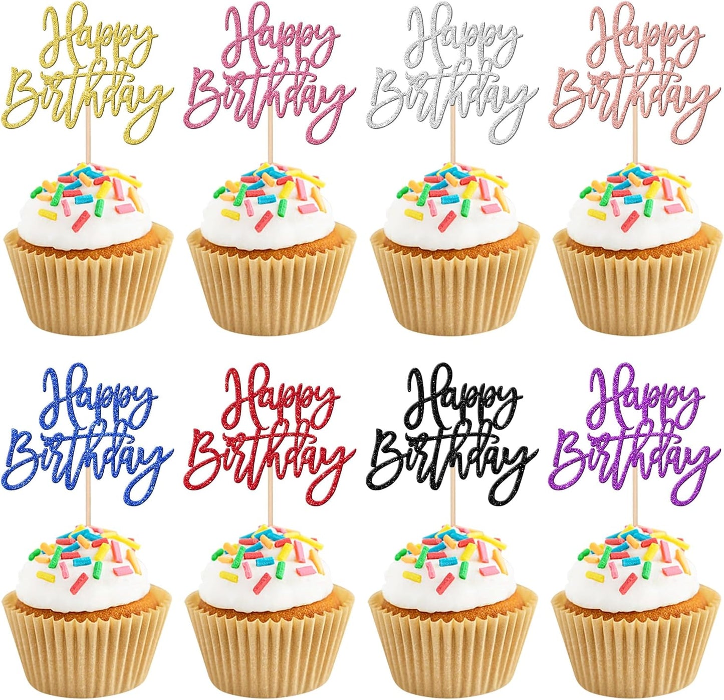 24 PCS Happy Birthday Cupcake Toppers Glitter Picks for Celebrating Party Decorations Anniversary Theme Cake Supplies Multi