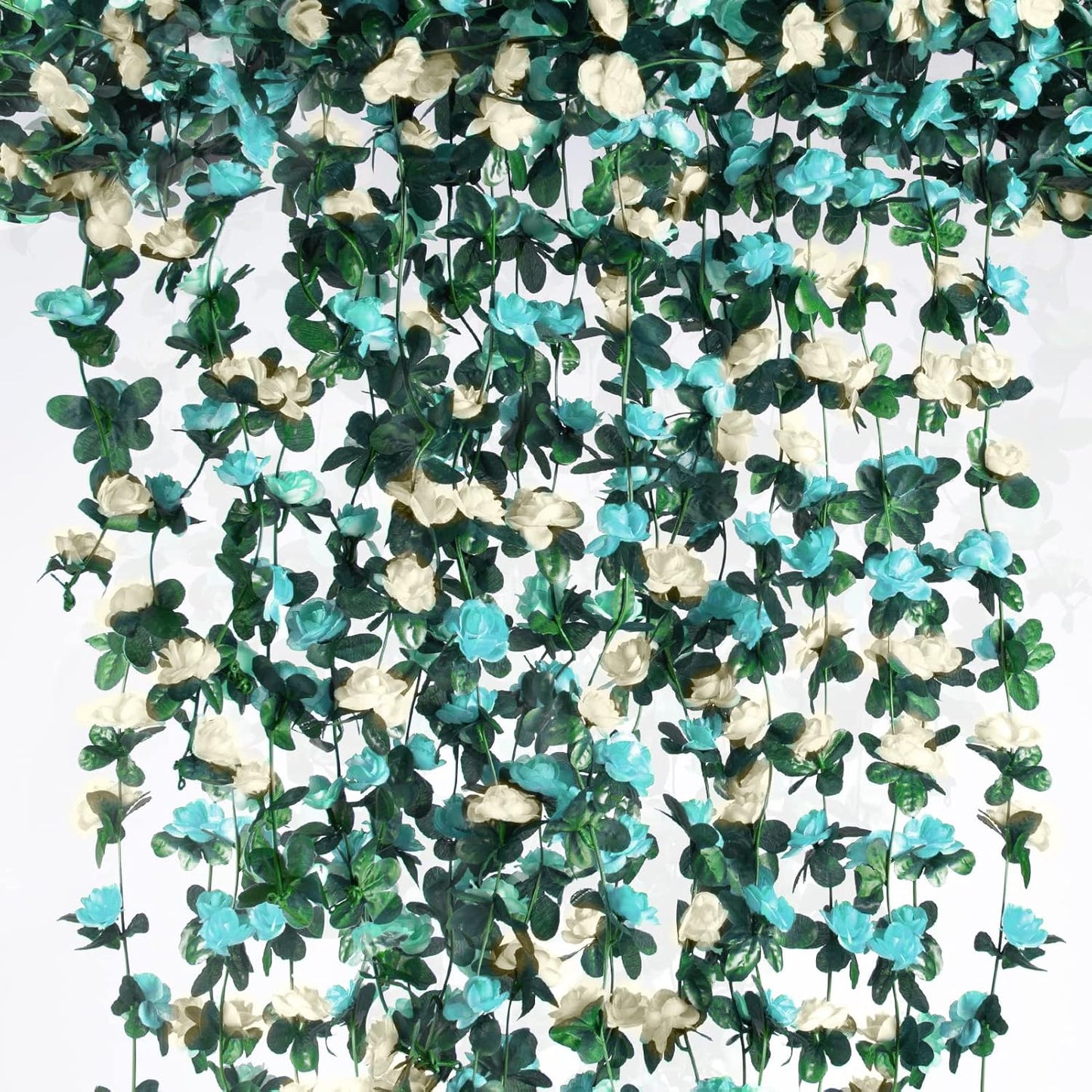 6 Pcs x 8.2 ft Flower Garland Artificial Rose Vine Flowers with Green Leaves Hanging Fake Roses Vine for Room Party Home Wedding Birthday Christmas Wall Arch Decor, White Blue Flower