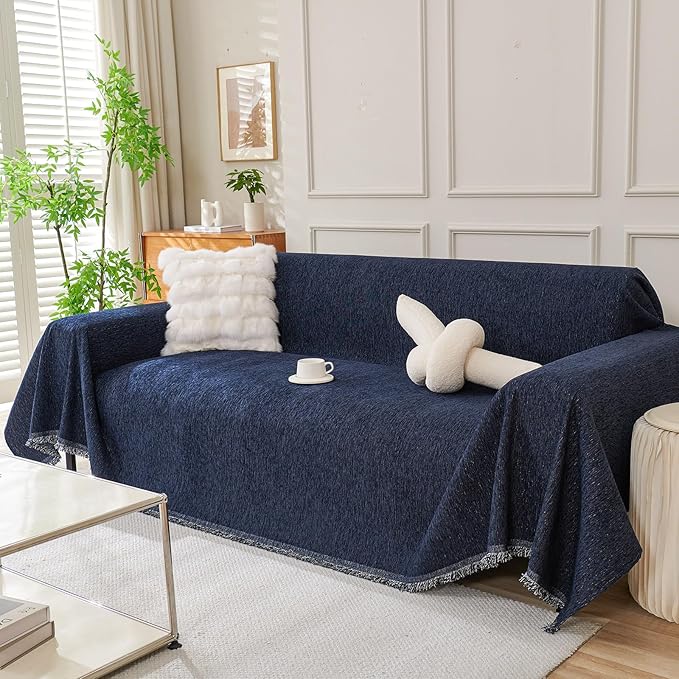 DREAMINGO Navy Blue Couch Cover Thick Chenille Couch Cover Blanket by DREAMINGO