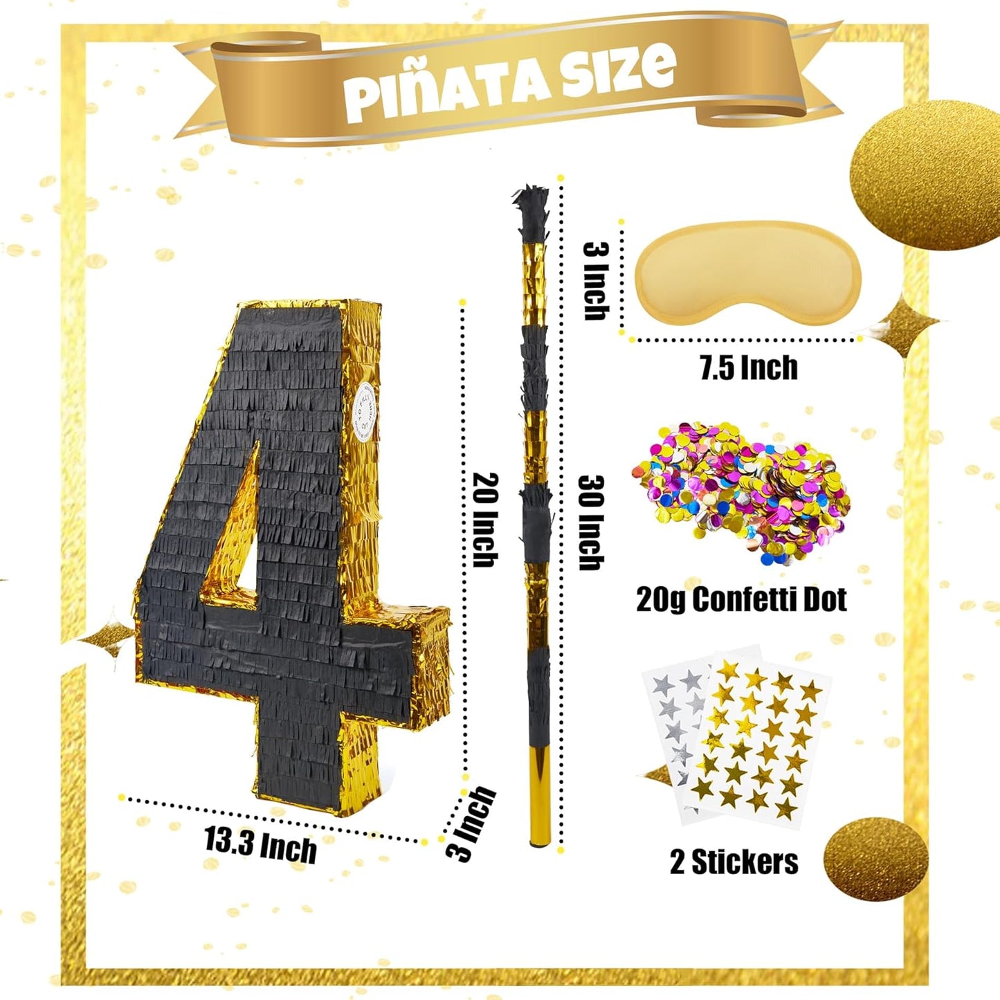 PCFING 20 Inch Number 4 Piñata Gold Black with 30 Inch Piñata Stick Blindfold Confetti for Man Women Boys Girls Birthday Party Decorations, Anniversary Celebration, Fiesta