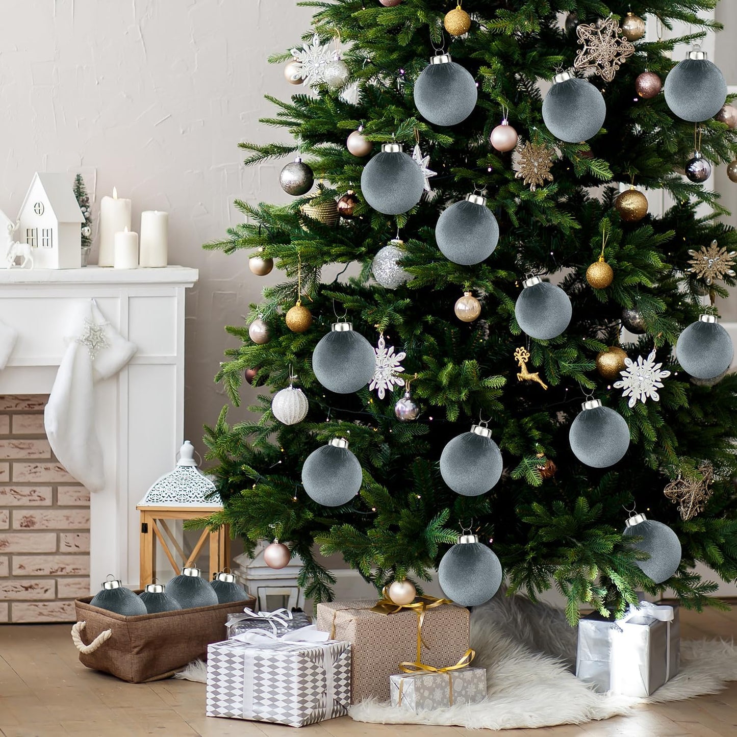 Neutral Velvet Christmas Tree Ornaments Set - Gray Xmas Hanging Baubles 15 PCS, Large Flocked Elegant Christmas Ball Ornaments, Shatterproof Decor for Holiday (Gray, 3.15 Inch)
