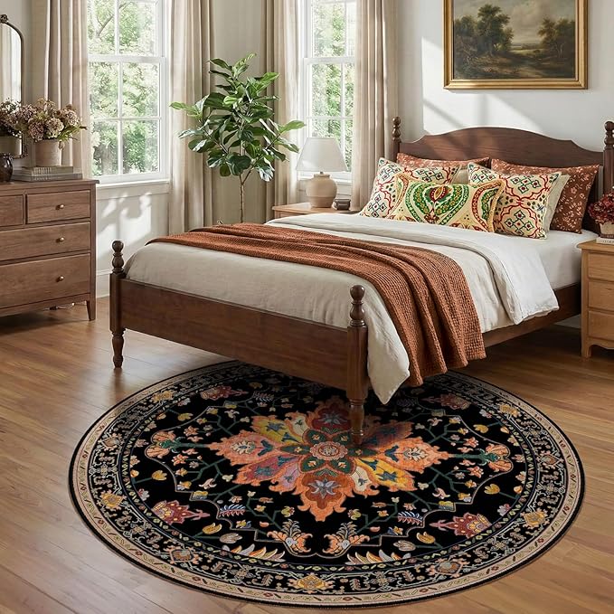 RELEANY Area Rugs Round 7ft Washable Non-Slip, Floral Vintage Distress Print - Image 3