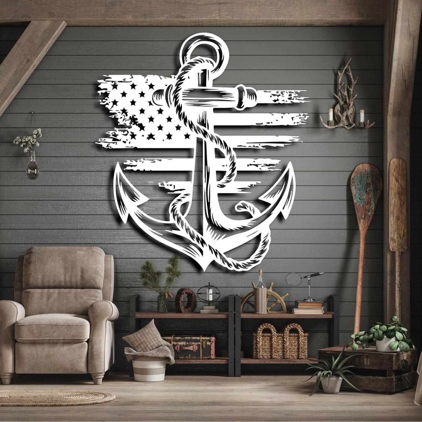 lunwall Metal Anchor Wall Decor, Anchor Metal Sign, Metal Anchor Decor, Anchor Metal Wall Art, Metal Nautical Wall Decor, Metal Wall Decor Coastal, Anchor Wall Decor (black, 24L x 21W / 60 x 54 cm)