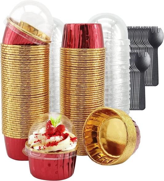 Foil Cupcake Liners with Dome Lids 100Pack,Free-Air 3.5Oz Cups for Baking,Disposable Ramekins Muffin Tins Cupcake Wrappers, with Spoons-Red in gold
