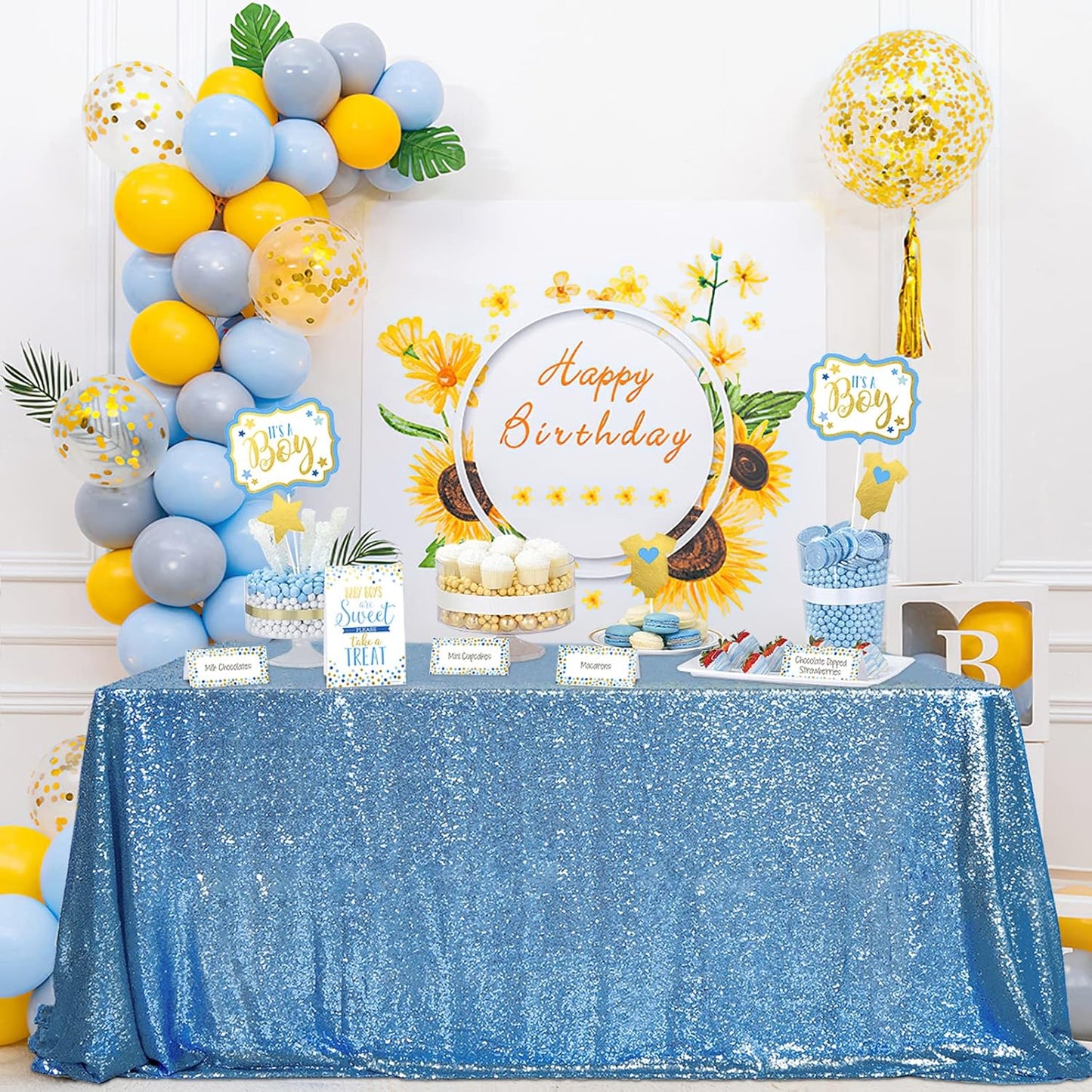 QueenDream Baby Blue Sequin Tablecloth 90x156 Inch Glitter Table Cloth for Baby Shower Birthday Party Decorations