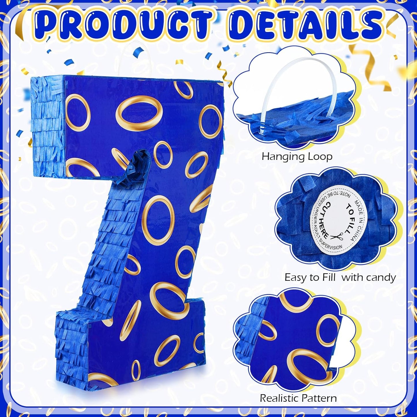 Number 7 Blue and Golden Rings Piñata for Kids Birthday Cartoon Theme Small Piñata with Blindfold Stick Confetti for Fiesta Cinco De Mayo Party Decor, 15.8 x 11 x 2.8 Inch