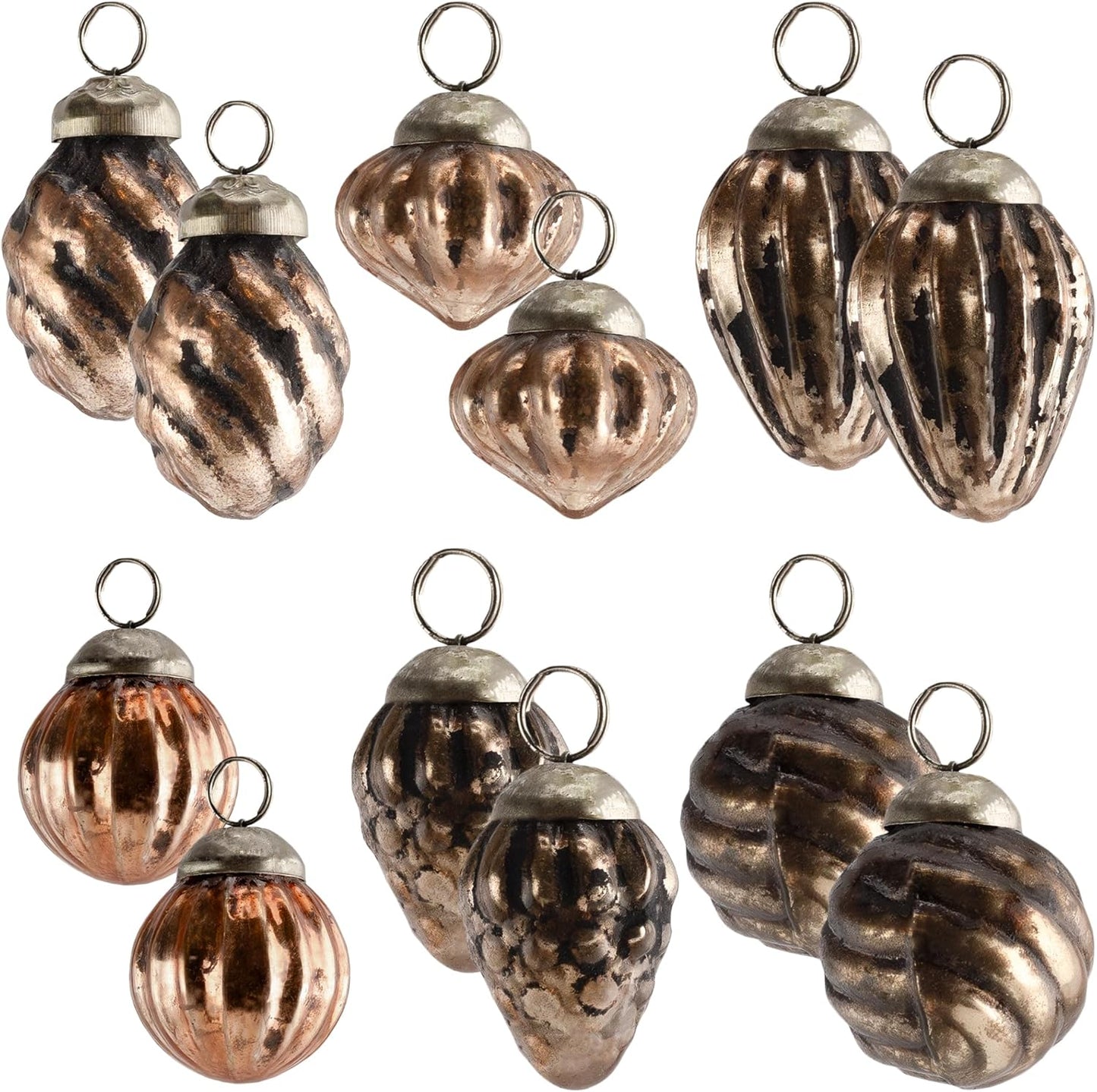 AuldHome Mercury Glass Finial Ornaments (Set of 12, Copper, Small); Distressed Metal Antique Style Christmas Tree Decorations; 1.3 to 2-Inch Size