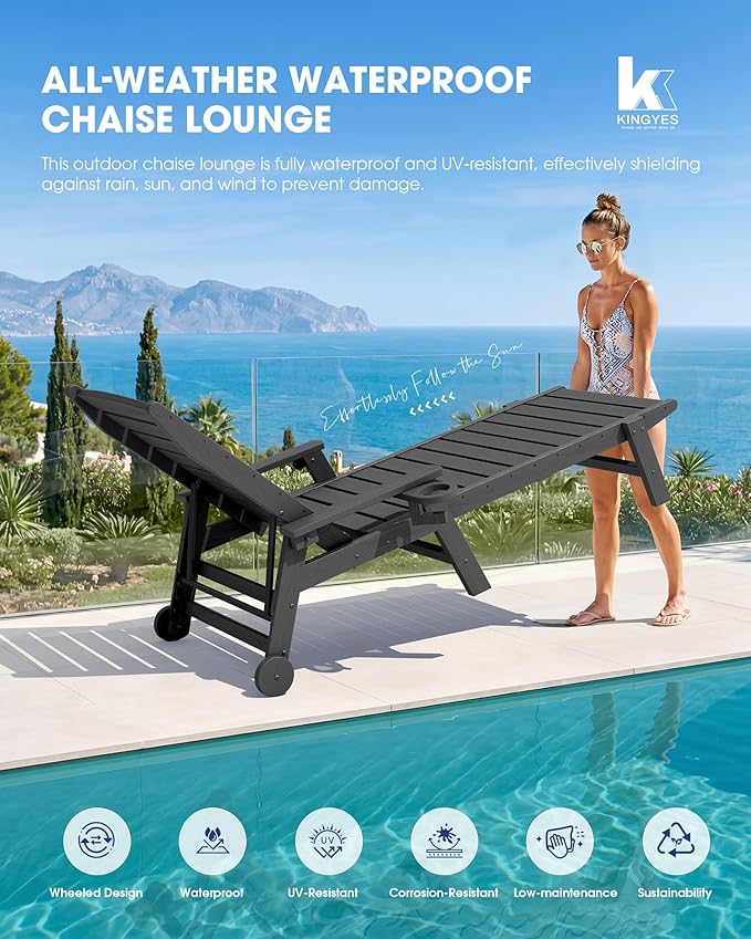 KINGYES HDPE Lounge Chair Outdoor Set of 2, Patio Chaise Lounge Recliner - Image 5