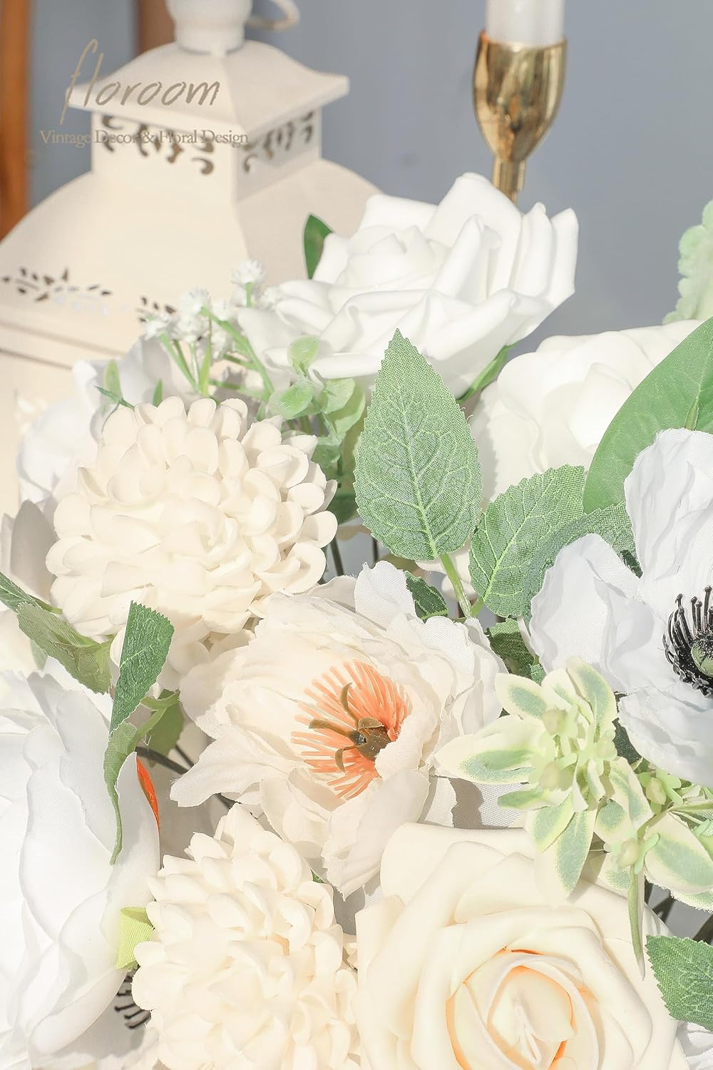 Floroom Cream White Artificial Flowers Fake Roses Dahlias Peonies Poppies and Greenery Combo Box Set for DIY Wedding Bouquets Bridal Shower Centerpieces Floral Arrangements Party Tables Decorations