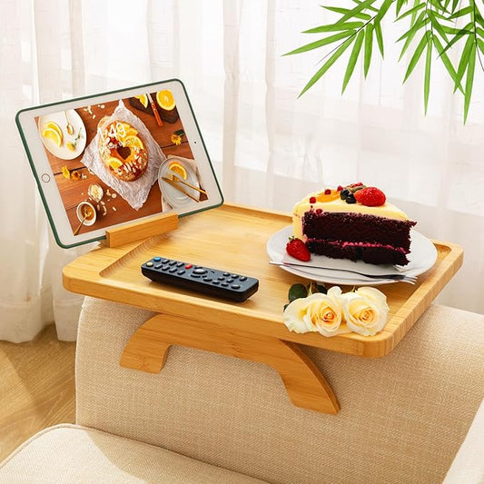 SINWANT Couch Arm Tray Table, Large Bamboo Couch Armrest Table by SINWANT