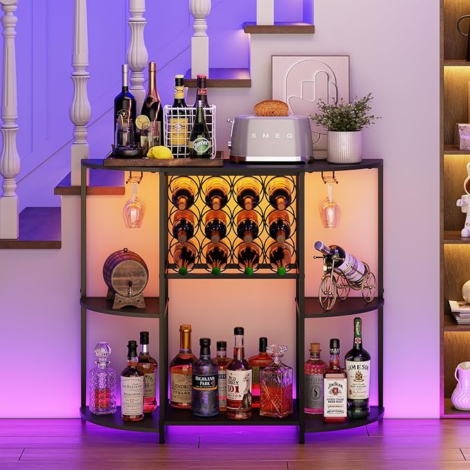 JKsmart Wine Bar Cabinet with LED Lights, Mini Wine Bar Cart with Storage and - Image 8