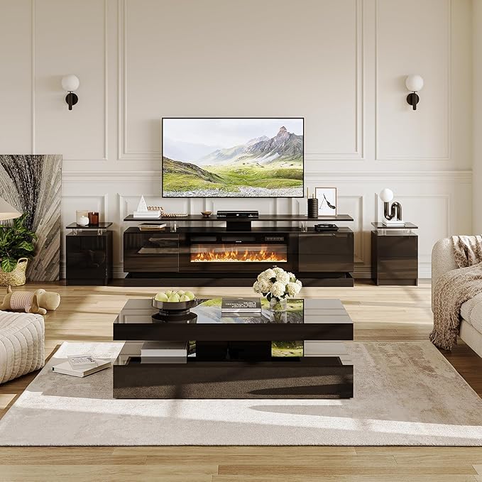 4-Piece Modern Living Room Table Set, Includes High Gloss 70" Fireplace TV Stand - Image 2