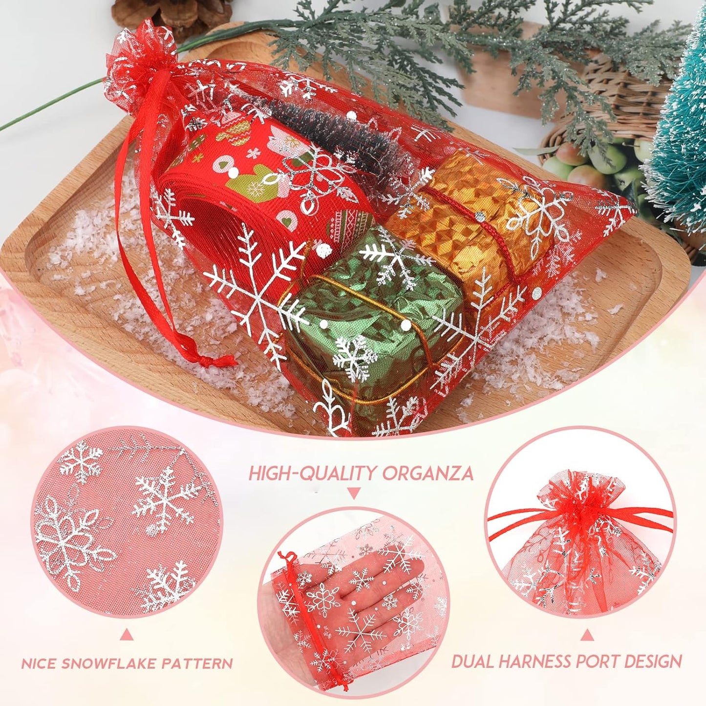 jijAcraft 5x7 Inch Christmas Organza Bags - 50Pcs Red Snowflake Gift Bags with Drawstring, Xmas Party Favor Sheer Mesh Pouches for Winter Gift, Candy, Jewelry Bag