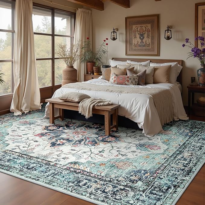 RELEANY Area Rugs 8'x10' Washable Non-Slip, Floral Vintage Distress Print - Image 2