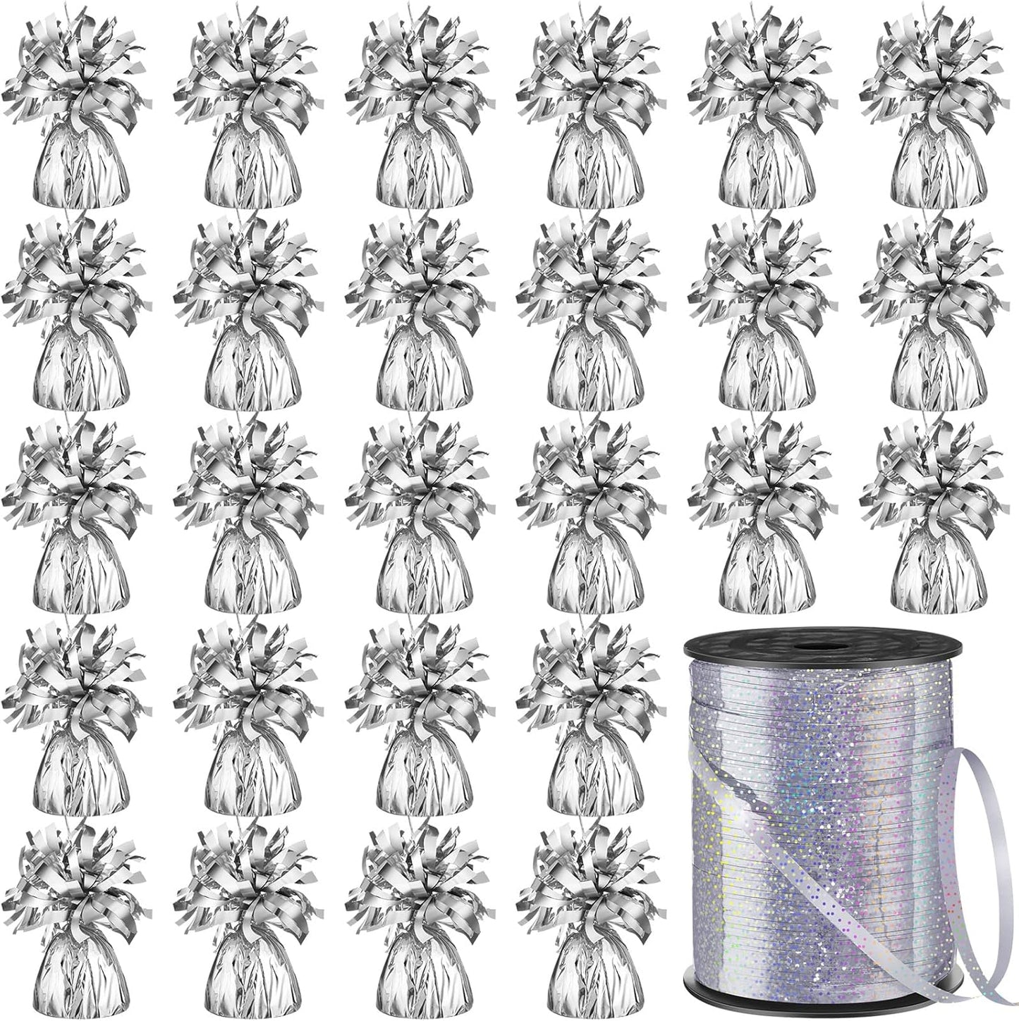 24 Pcs Balloon Weights Metallic Anchor Balloon Holder for Helium Balloons Heavy Table Weights and 1 Roll Iridescent Crimped Ribbon for Birthday Wedding Halloween Christmas Party(Silver)