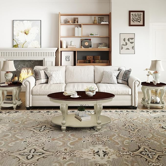 LKTART Oval Coffee Tables Set of 3, Vintage Wood Coffee Table - Image 2