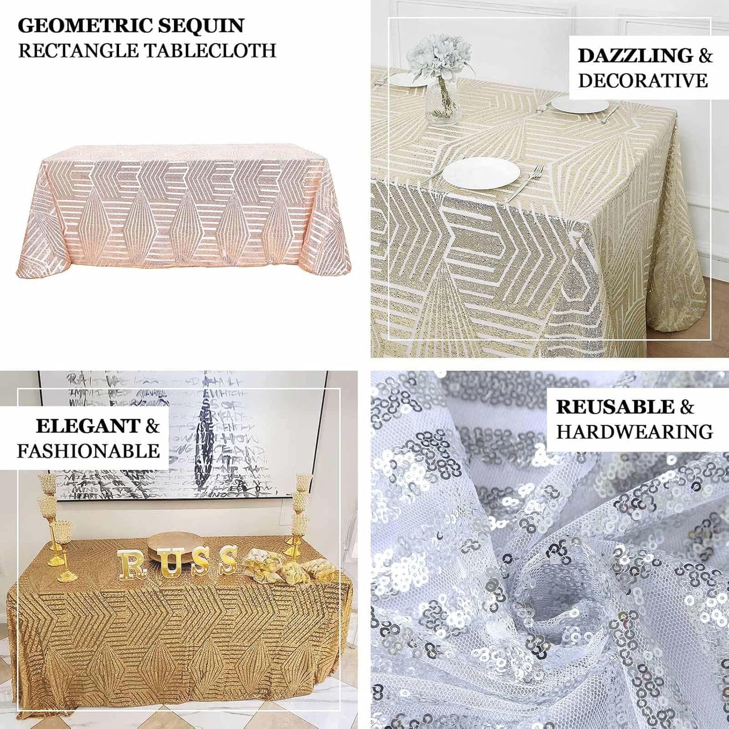 Efavormart 90"X132" Gold Sparkly Sequin Geometric Tulle Rectangular Tablecloth