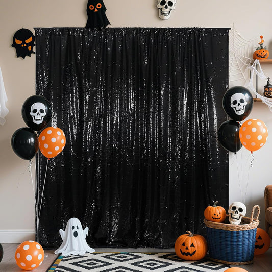 Poise3EHome 6Ft x 8Ft Black Sequin Backdrop, Glitter Thick Satin Background Drapes, Sparkly Opaque Photography Curtain, Sequence Xmas Thanksgiving Backdrop for Wedding Party Holiday Festival Decor