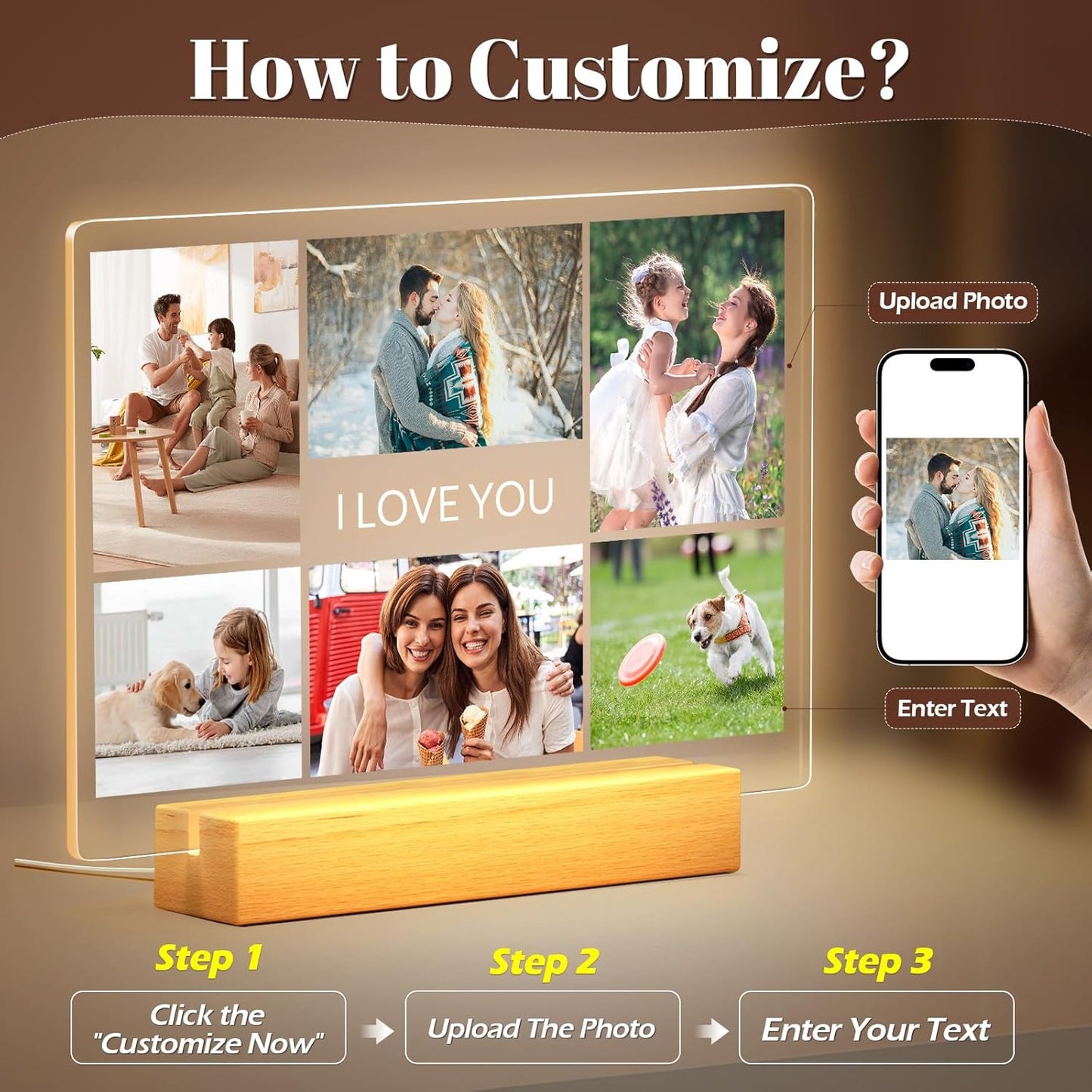 Custom Picture Frames with Photo, Personalized Photo Frame with Night Light, Customized Picture Frames, Personalized Anniversary Birthday Gifts for Women Men Her Him Girlfriend Boyfriend Couple