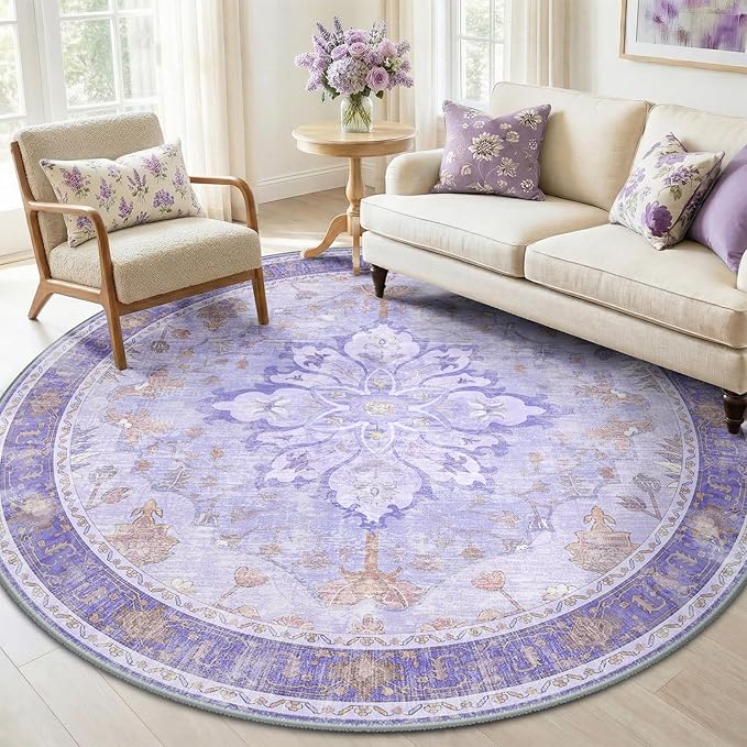 RELEANY Area Rugs Round 6ft Washable Non-Slip, Floral Vintage Distress Print by RELEANY
