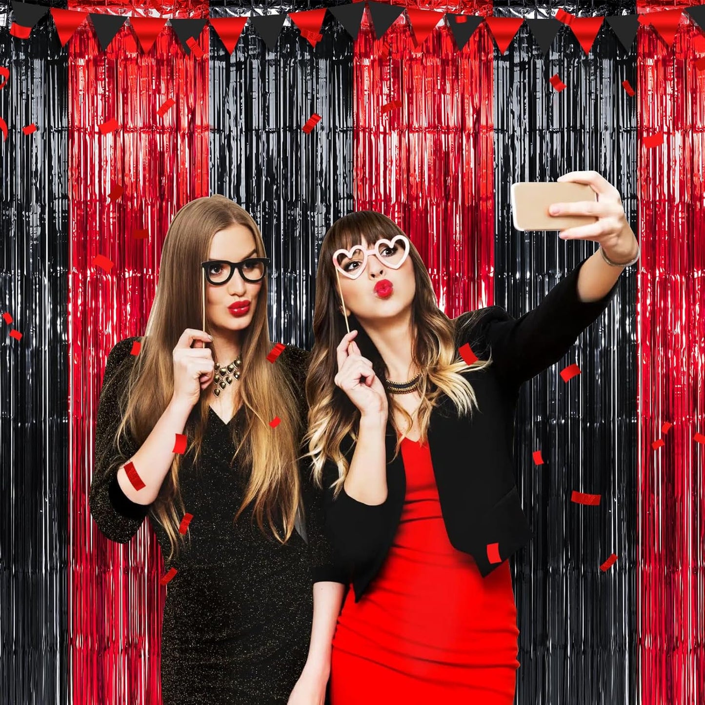 3 Pack 3.3Ft x 6.6Ft Graduation Foil Fringe Curtain Backdrop Decorations, Red Black Metallic Tinsel Foil Streamers Curtain Photo Booth Background for Graduation Prom Wedding Birthday Party Decorations