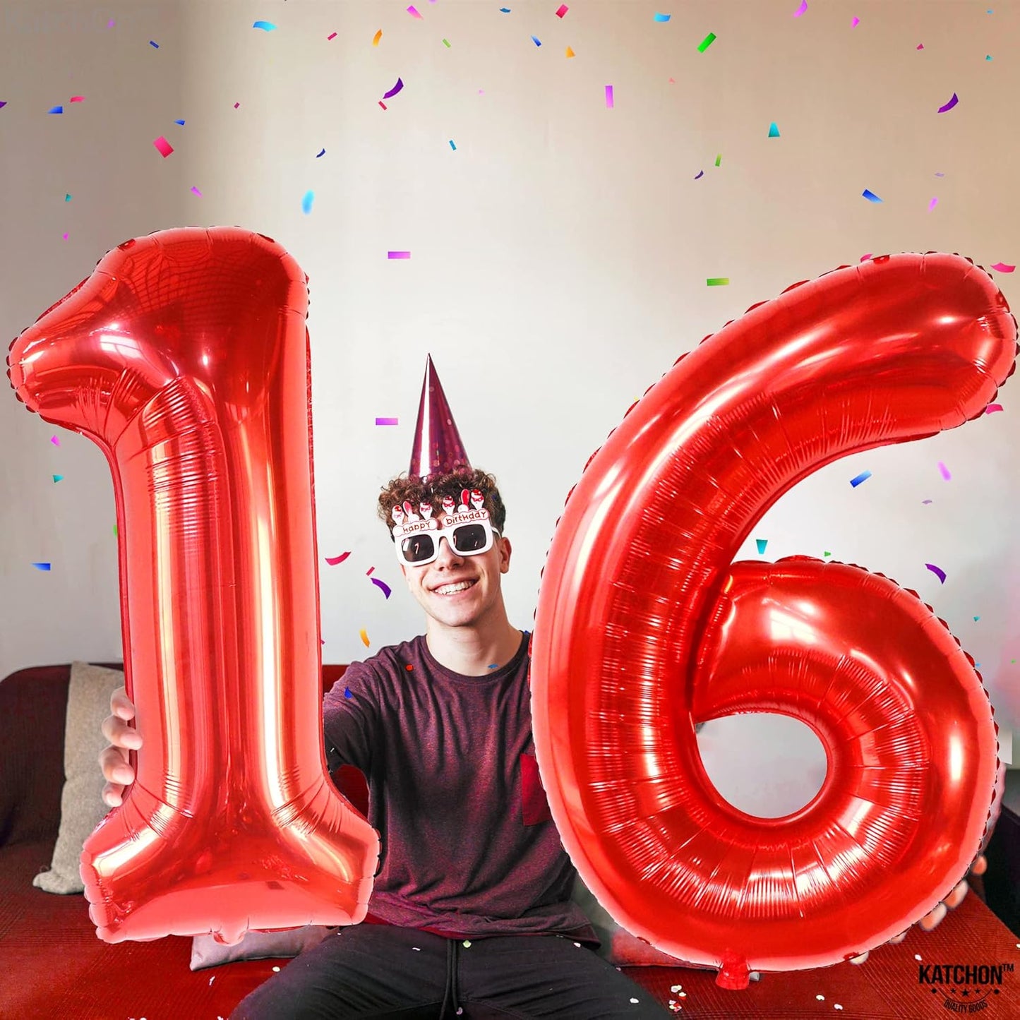 KatchOn, Red 16 Number Balloons - Huge, 40 Inch | 16th Birthday Balloons Red for 16th Birthday Decorations for Boys Red | 16 Balloon Numbers | Red Sweet 16 Balloons, Red Sweet 16 Birthday Decorations