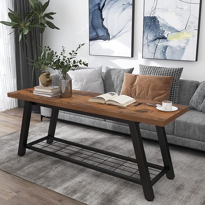 Oastreeful Storage Bench Industrial Rustic Wooden and Metal Entryway Shoe Boots - Image 4
