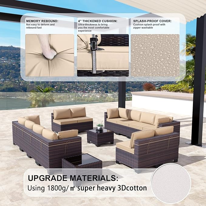 Kullavik 14 Pieces Outdoor Patio Furniture Set, Sectional Rattan Sofa Set Brown - Image 2