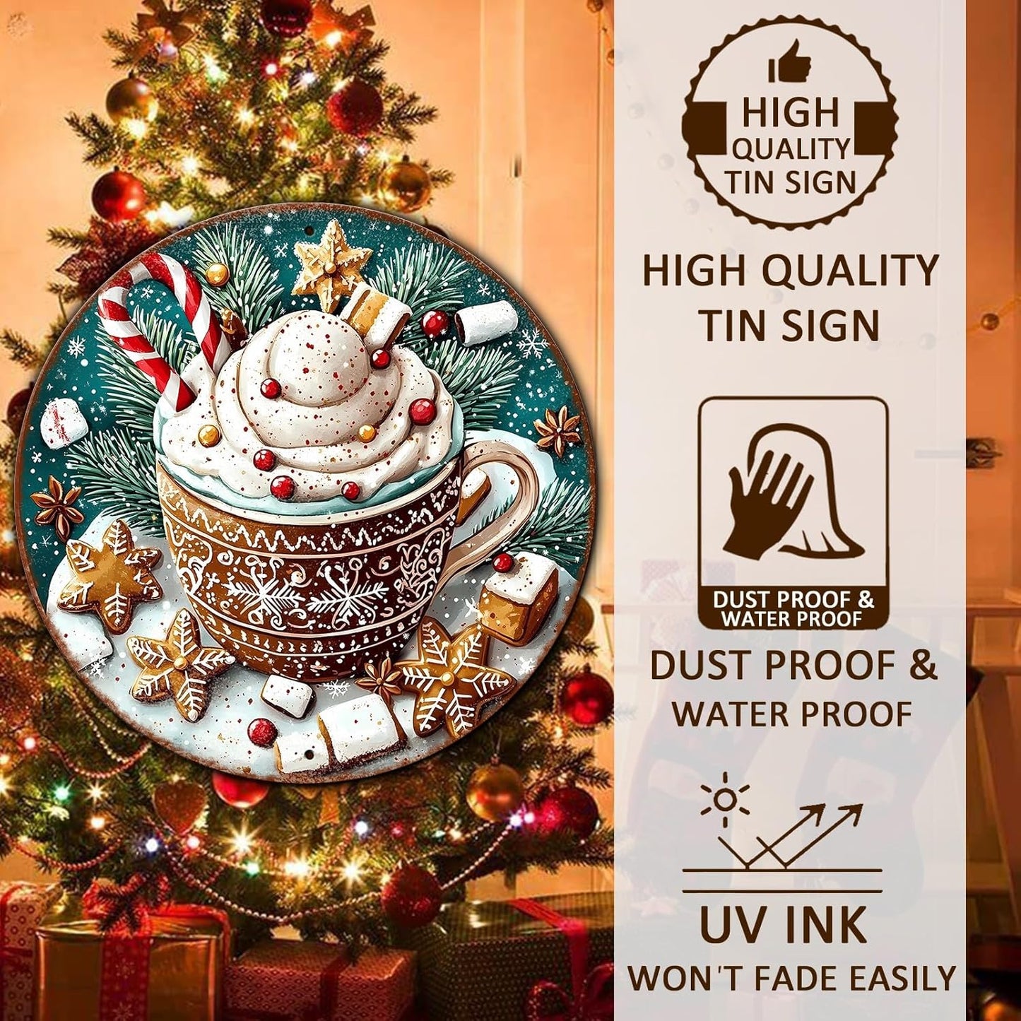 Round Christmas Signs Hot Cocoa Bar Metal Tin Sign Christmas Decor For Home Vintage Christmas Coffee Cocoa Tin Sign Hot Chocolate Bar Sign 8 * 8 in