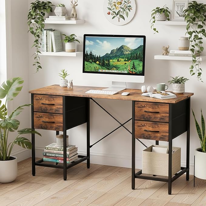 Sweetcrispy Computer Desk with Drawers, 55 Inch Home Office Bedroom Table with - Image 2