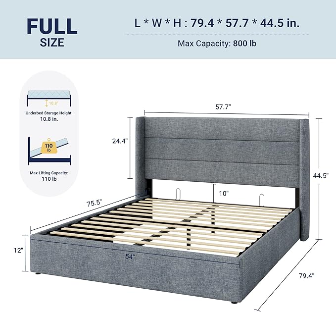Allewie Full Size Lift Up Storage Bed, Modern Wingback Headboard, Hydraulic - Image 2