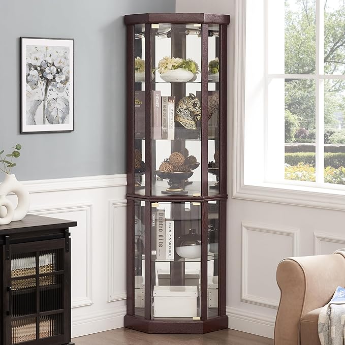 Corner Curio Cabinet, 150lbs Heavy Duty Glass Display Cabinet by Trunback