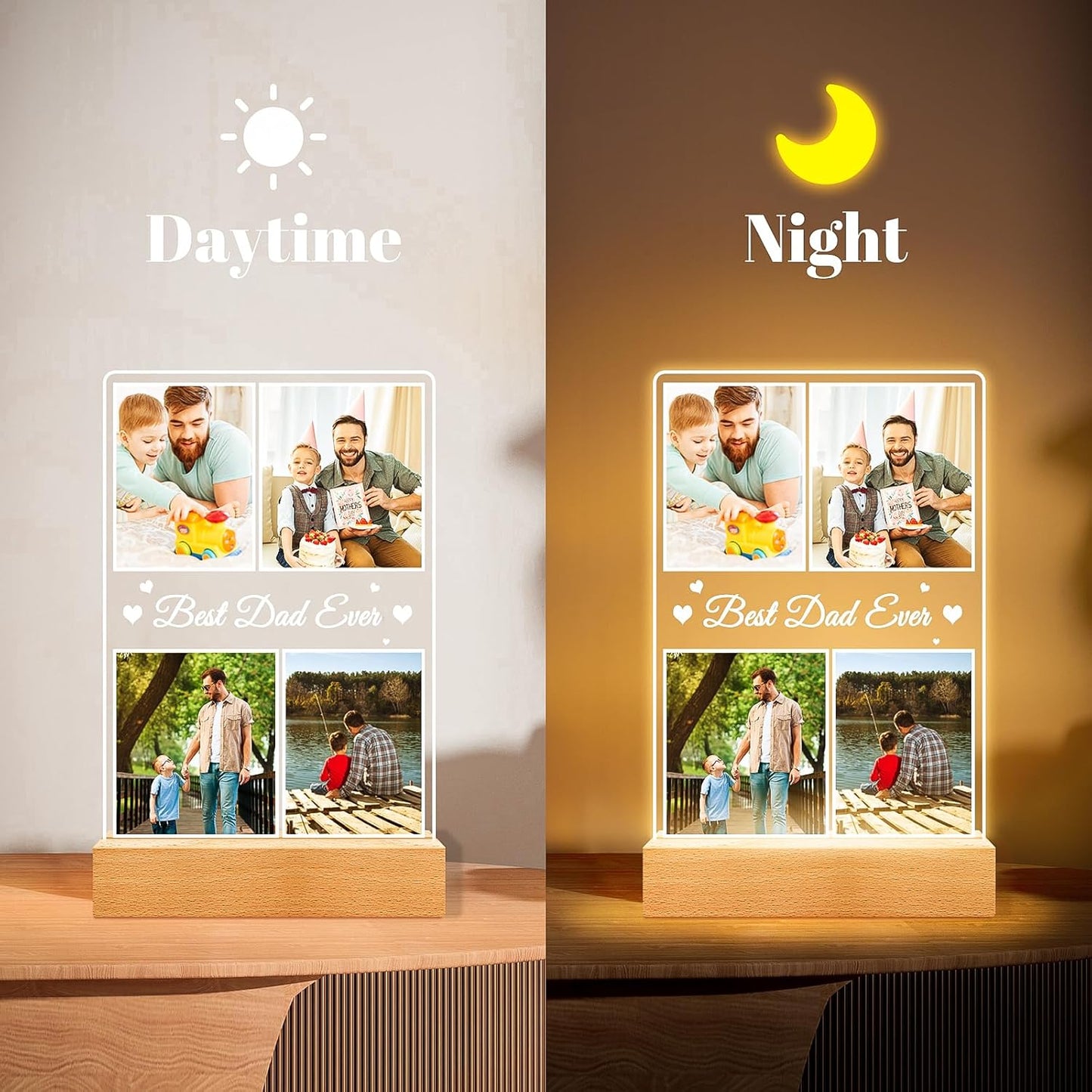 Best Dad Ever Gifts, Custom Collage Picture Frames with Night Light, Customized Acrylic Plaque Photo Frame, Personalized Birthday Photo Gifts for Dad, Baby, Kids, Family