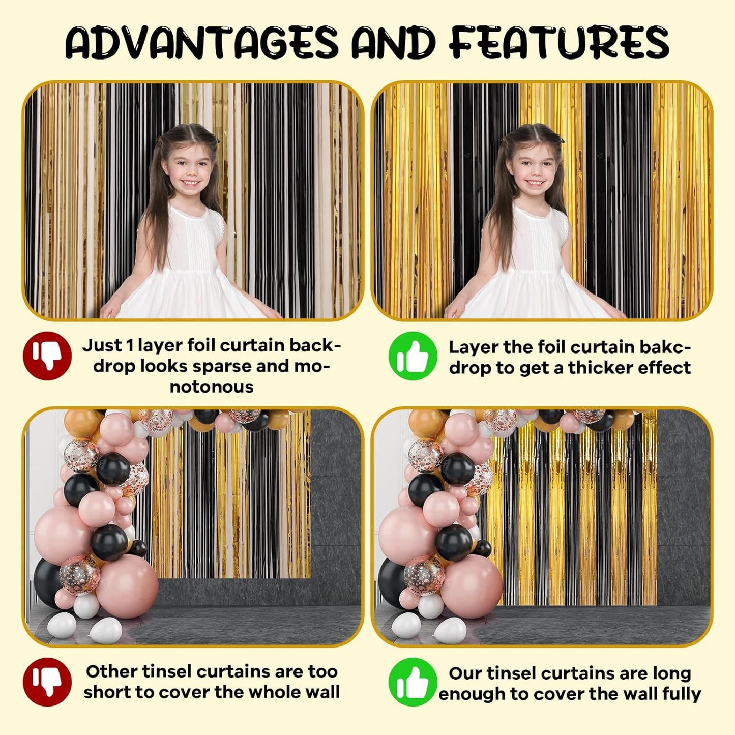 2 Pack Black and Gold Foil Fringe Backdrop Curtains, Tinsel Streamers Birthday Party Decorations, Fringe Backdrop for Graduation, Baby Shower, Gender Reveal, Disco Party