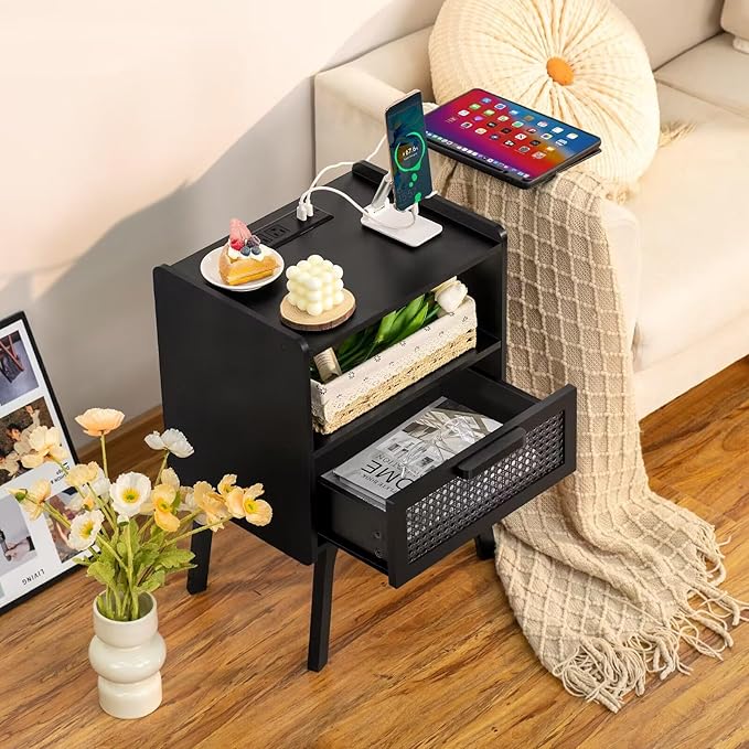 Lerliuo Rattan Nightstand with Charging Station, Side Table with Drawer Open - Image 4
