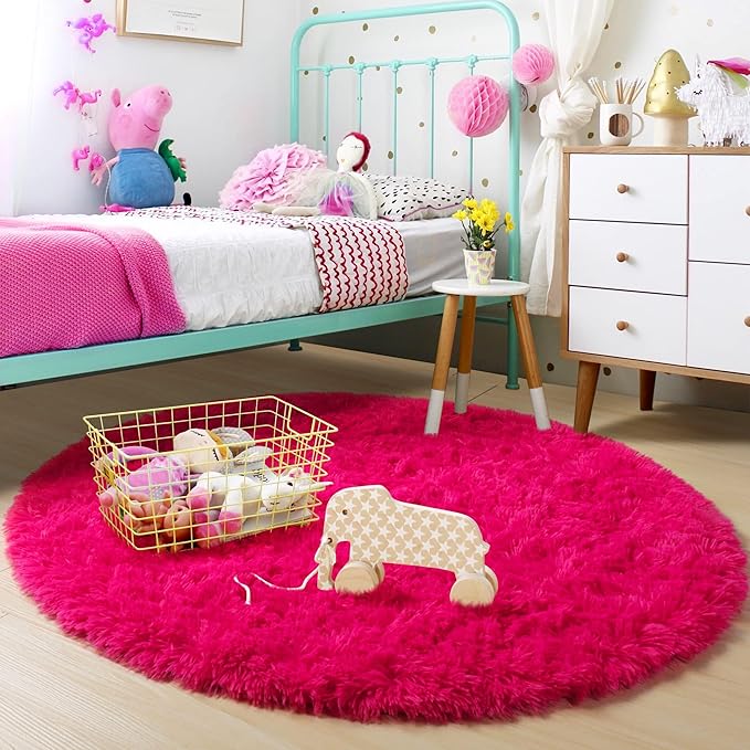 Hot Pink Small Round Rug 3Ft for Girls Bedroom, Fluffy Circle Area Rugs for - Image 2