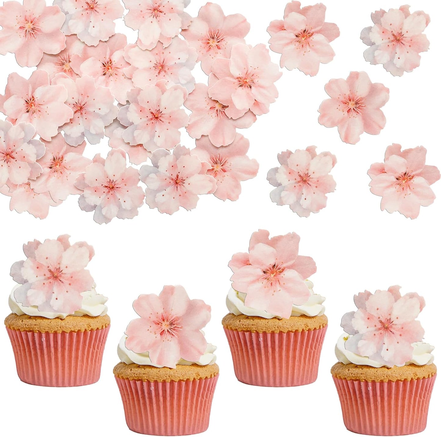 Ephlyn 54Pcs Edible Cherry blossom Cupcake Toppers Spring Bridal Engagement Baby Shower Birthday Party Cupcake Picks Anniversary Party Decorations Supplies Pink