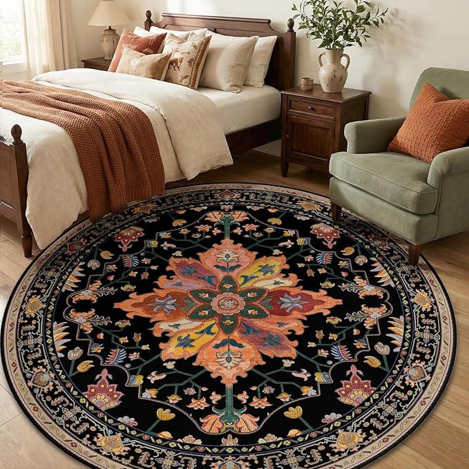 RELEANY Area Rugs Round 6ft Washable Non-Slip, Floral Vintage Distress Print - Image 2