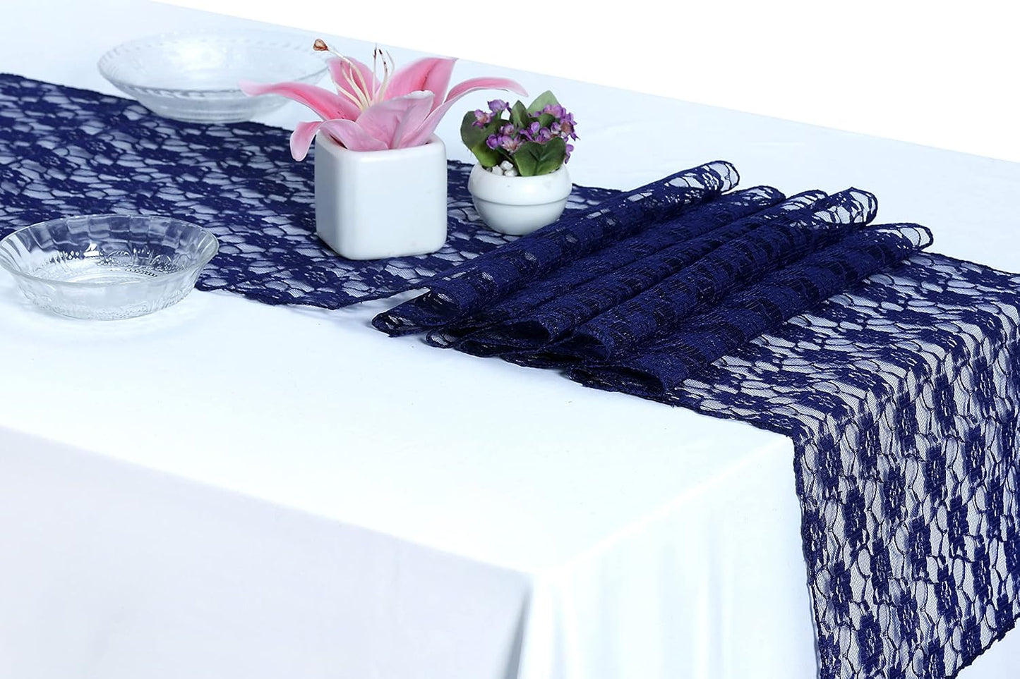 MDS Pack of 15 Wedding 12 x 108 inches Lace Table Runner for Wedding, Decorations for Birthday Parties, Banquets, Graduations, Engagements, and Runners fit Rectangle, Round Table- Navy Blue