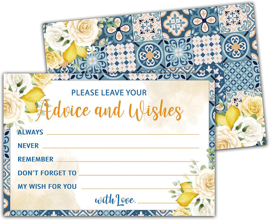 Mediterranean Lemon Advice and Wishes Cards, 25 Pcs Italian Blue Tiles Double Sided Advice Cards for The Bride and Groom, Mr and Mrs, Bride Shower, Wedding Reception, Engagement Party(01)