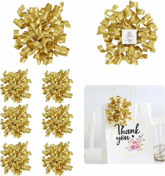 5 Inch Gold Bows Curly Ribbon Bows for Gift Wrapping, Satin Bows with Double-Sided Tape, Self Adhesive Bows for Party, Wedding, Birthday Decor, Premade Bows for Crafts, Wine Glasses-8 PCs