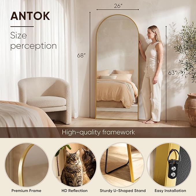 Antok 68" x26” Arched Full Length Floor Mirror, Free Standing/Wall Mount/Leaning - Image 3