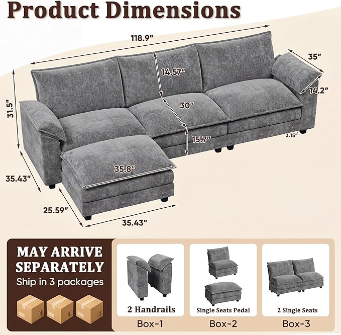 JUMMICO 118.9" Modular Sectional Cloud Couch 3-Seat Sofa Set - Image 2