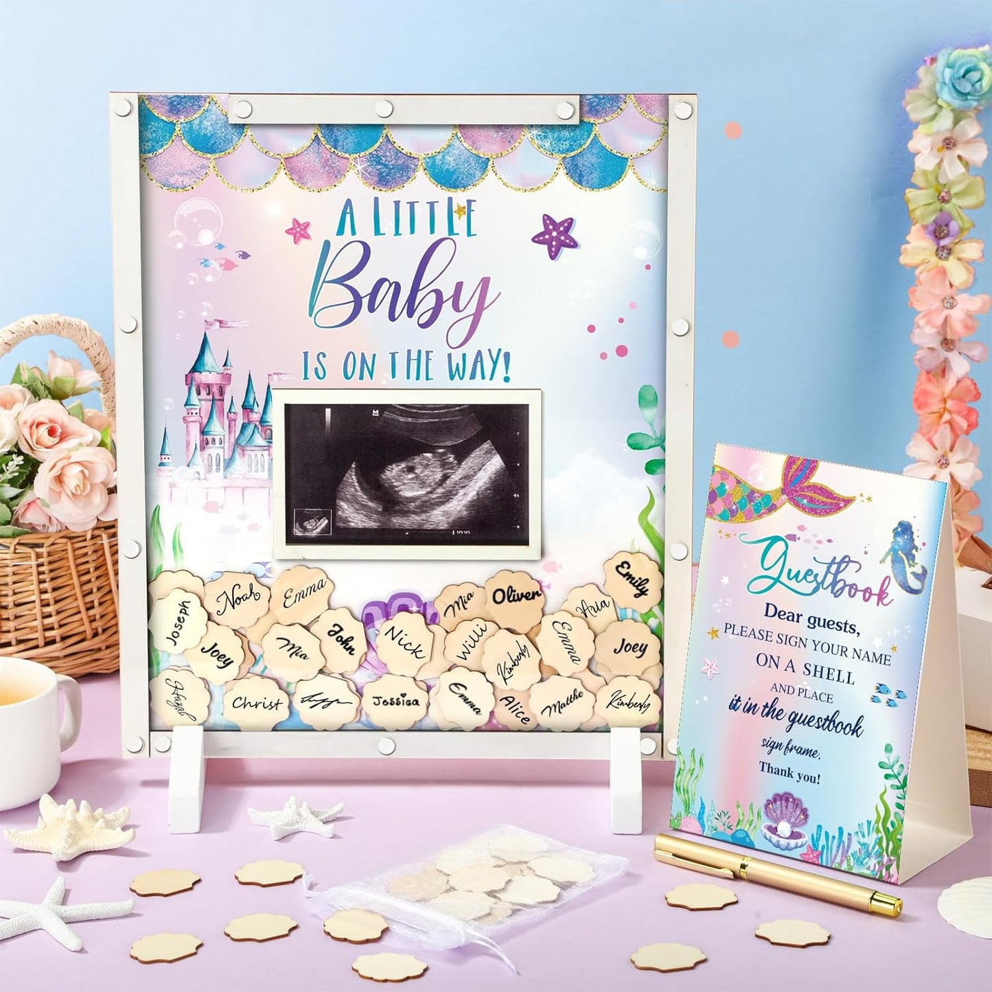 65 Pcs Mermaid Baby Shower Guest Book Alternatives He or She Gender Reveal Baby Shower Decorations Sign in Guest Book with Picture Frame and 60 Wooden Chip Under The Sea Party Favors