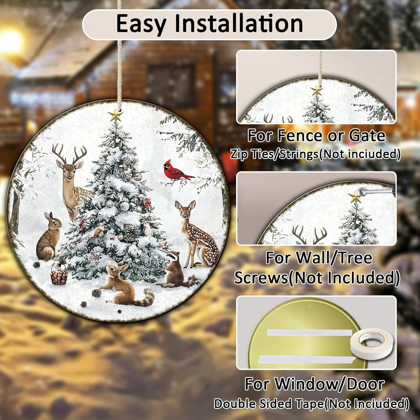 Round Christmas Snow Animals Metal Tin Sign - Vintage Christmas Tree & Winter Sign for Home & Outdoor Decorations - 12 * 12 in