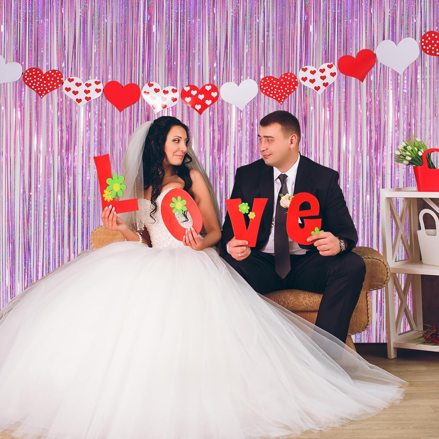 Melsan 2 Pack 3.2 ft x 8.2 ft Tinsel Foil Fringe Curtains Backdrop, Sparkle Metallic Foil Curtains for Party Photo Booth Props Decoration, Pinkish Purple