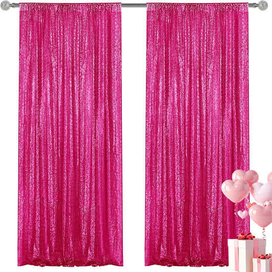 Fuchsia Sequin Backdrop Curtain 2 Pieces 2FTx8FT Glitter Photography Backdrop for Party Wedding Birthday Christmas Decorations