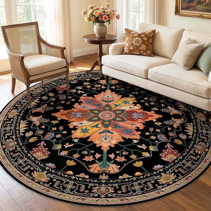 RELEANY Area Rugs Round 5ft Washable Non-Slip, Floral Vintage Distress Print - Image 2