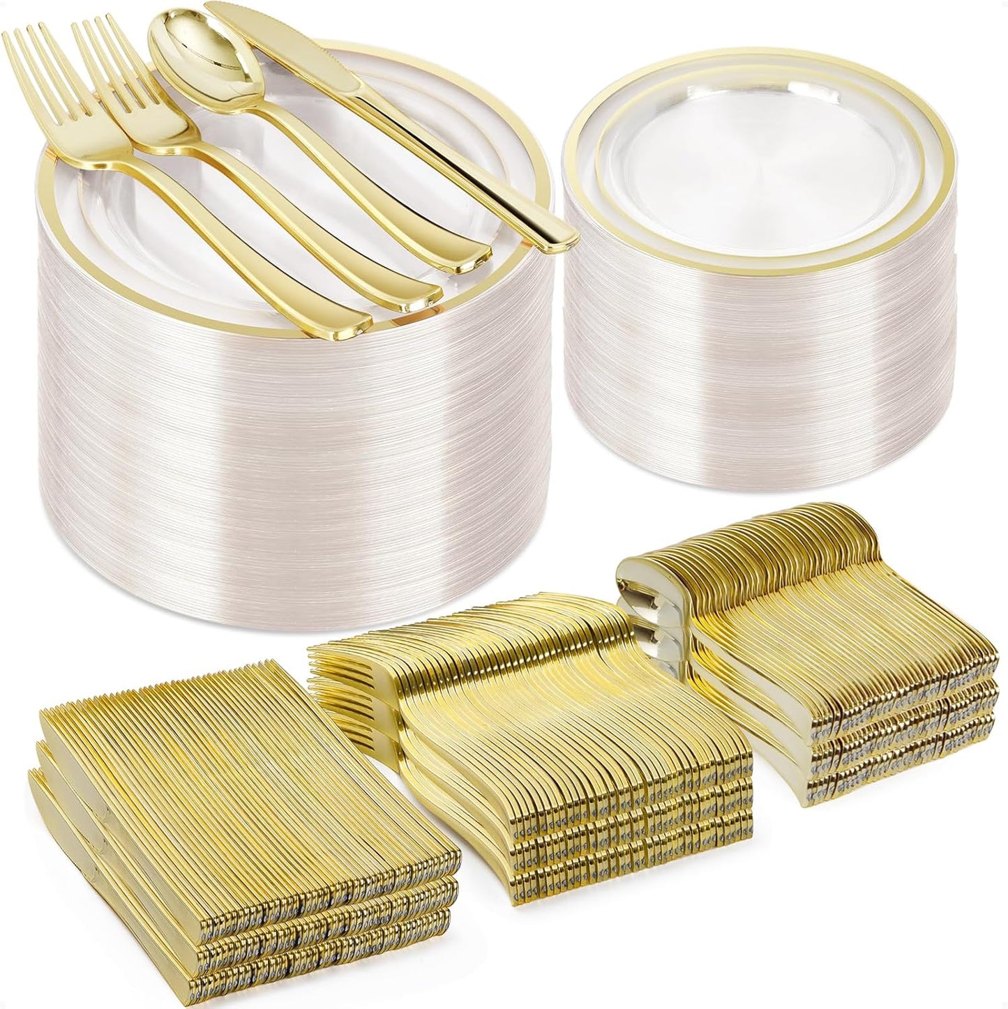 600PCS Clear Gold Plastic Plate Set (100 Guests), Plastic Plates for Party Wedding Birthday, Disposable Dinnerware Set of 200 Plates, 200 Forks, 100 Spoons, 100 Knives for Christmas