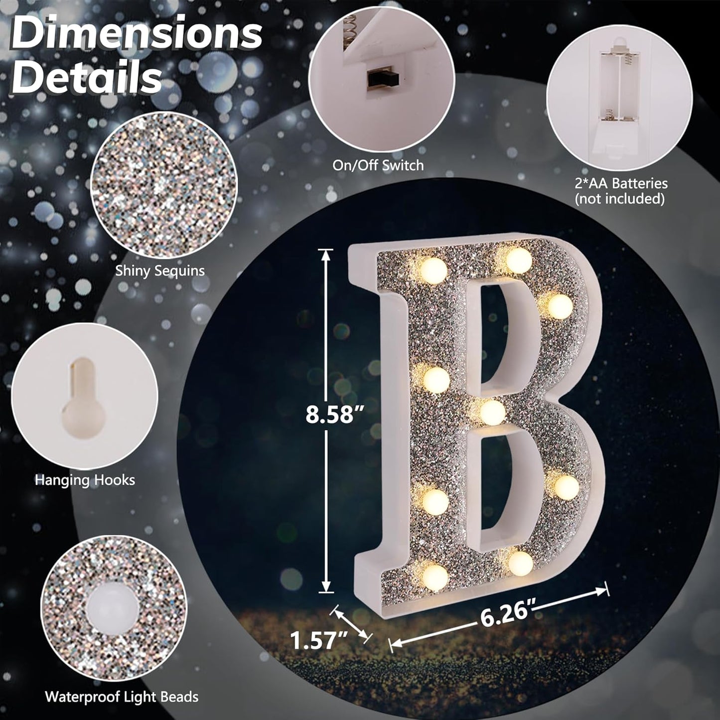 Marquee Light Up Letters, Glitter Silver LED Letter Lights Battery Powered Alphabet Letter Sign for Night Light Wedding Birthday Party Cafe Bar Decoration Girls Room Decor - B